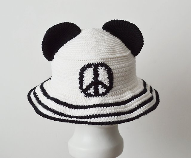 Panda crochet bucket hat embroidered peace symbol.Black white knit