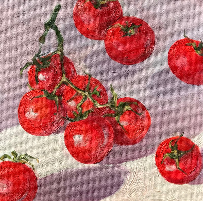 Tomatoes painting Original Small artwork 8x8 inches oil canvas painting by AnaMu - Wall Décor - Other Materials Red