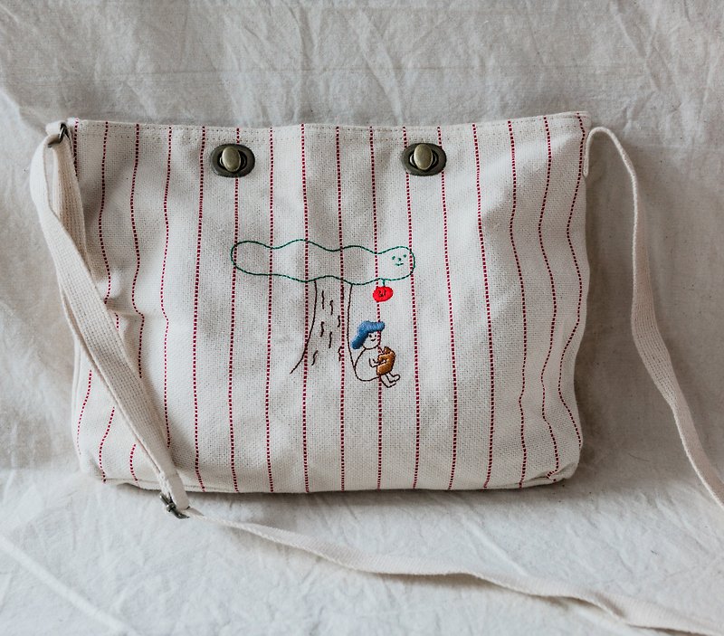 Draw a Newton / cross-body bag - กระเป๋าแมสเซนเจอร์ - ผ้าฝ้าย/ผ้าลินิน สีกากี