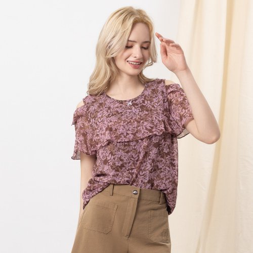 MEDUSA LADY 【MEDUSA】粉紅碎花雪紡露肩上衣(M-2L) | 女休閒上衣 女短袖上衣