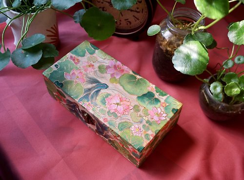 MeawmaPottery Hand-Painted Wooden Box, Siamese Fighting Fish and Lotus Pond