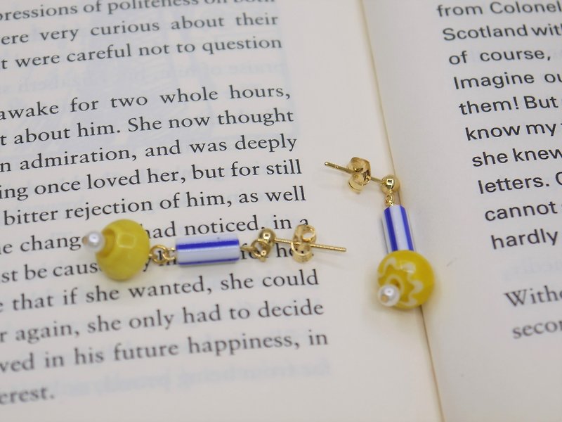黃藍條紋 手工琉璃 黃花  可換耳夾 特別推薦款 - 耳環/耳夾 - 寶石 黃色