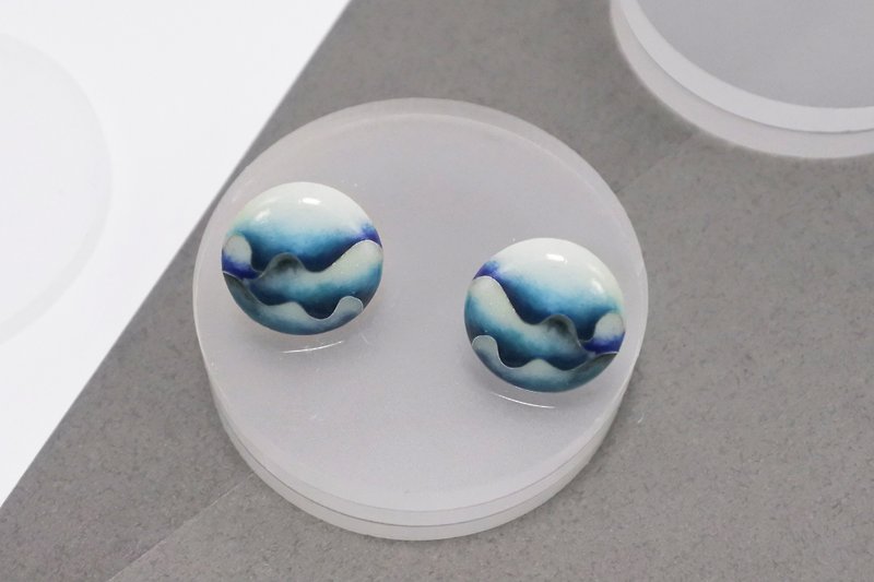 Microwave Texture-Enamel Earrings Round Blue - ต่างหู - วัตถุเคลือบ สีน้ำเงิน