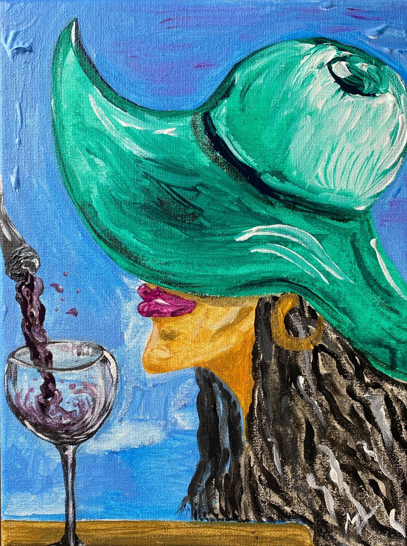 Wine Painting Bottle Original Art Wine Glass Painting Still Life Wall Art Woman - Wall Décor - Other Materials Multicolor