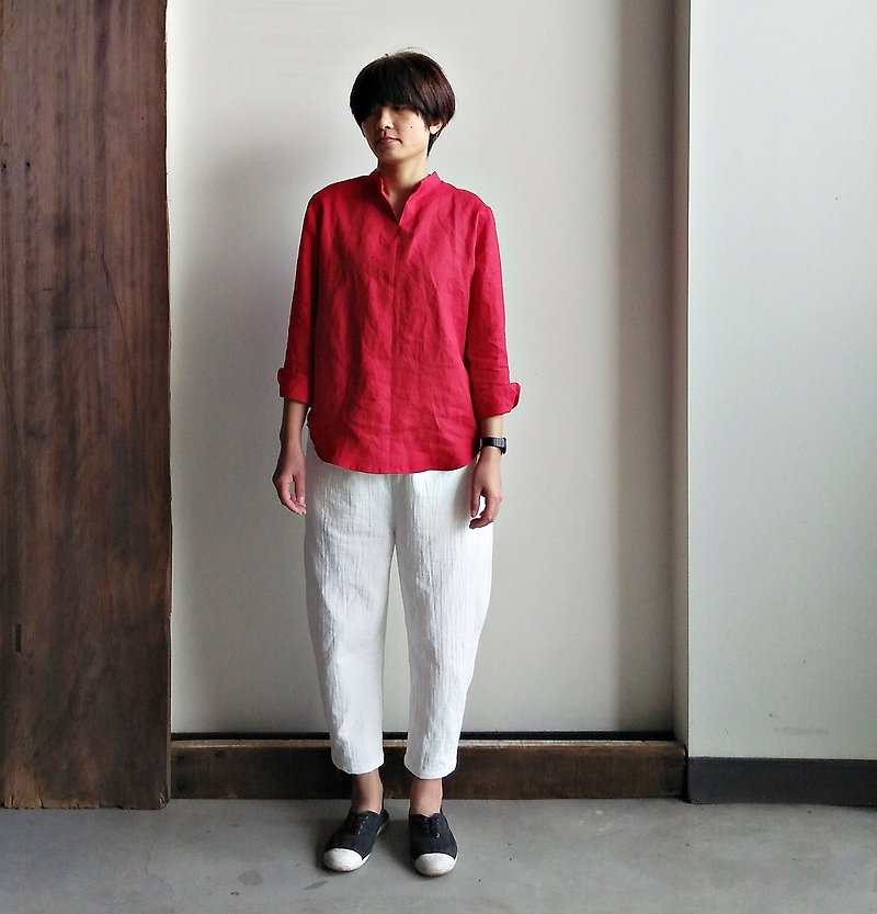 Stand collar cardigan linen red - Women's Tops - Cotton & Hemp Red
