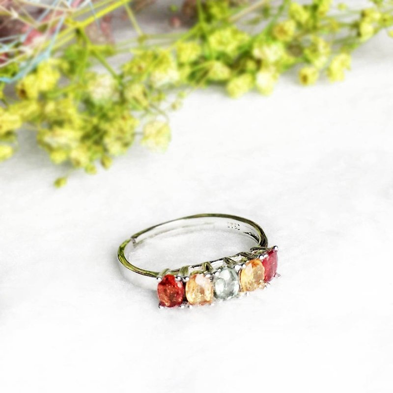 | Sterling Silver Jewelry | Natural Color Sapphire 925 Rainbow Row Ring Adjustable Ring Girth - แหวนทั่วไป - เครื่องเพชรพลอย หลากหลายสี