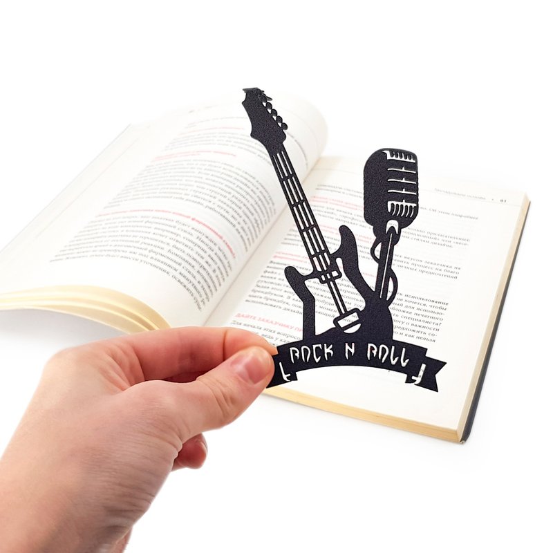 Rock n Roll Metal Bookmark – Guitar & Microphone Silhouette for Music Lovers - 書籤 - 其他金屬 黑色