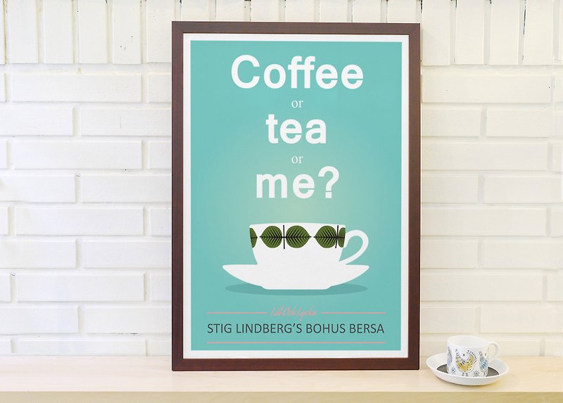 Nordic retro minimalist poster Coffee or Tea or me? Original customized paintings without frame - โปสเตอร์ - กระดาษ สีน้ำเงิน