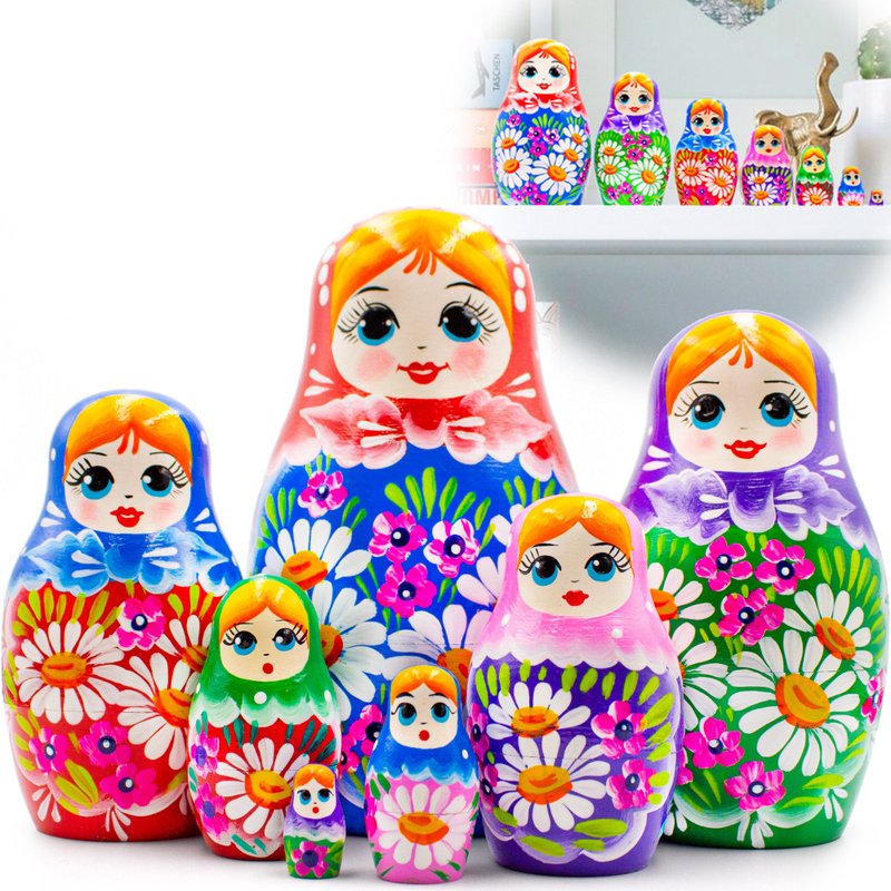 Matryoshka Nesting Dolls - Russian Dolls in Rainbow Sarafan with Meadow Flowers - ของเล่นเด็ก - ไม้ หลากหลายสี