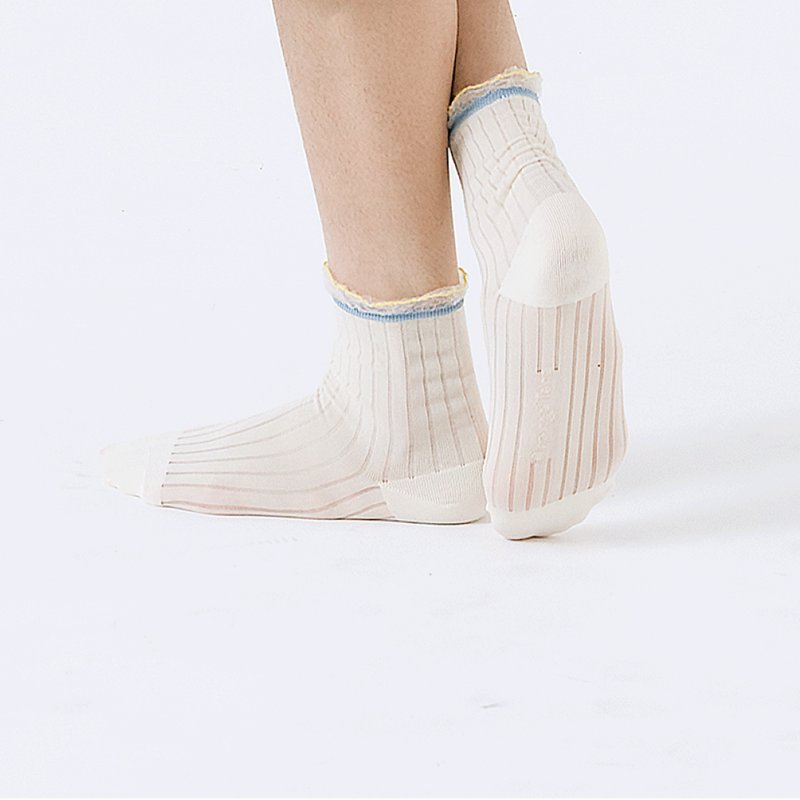 Daisy / Beige (M)-MIT Design Transparent Socks - ถุงเท้า - ผ้าฝ้าย/ผ้าลินิน ขาว