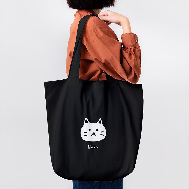 Black and white cat head customized English name eco-friendly shopping bag side backpack tote canvas bag PU012 - กระเป๋าแมสเซนเจอร์ - ผ้าฝ้าย/ผ้าลินิน สีดำ
