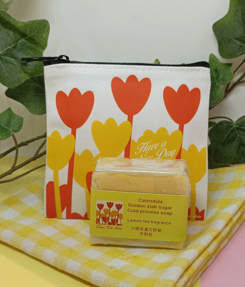 港式食物文創帆布小錢包(外賣杯圖案)配片糖金盞花冷製皂 - 手提包/手提袋 - 其他材質 黃色
