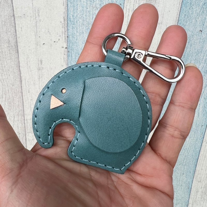 Healing small things handmade leather lake blue cute little elephant pure hand-sewn keychain small ruler - Keychains - Genuine Leather Blue