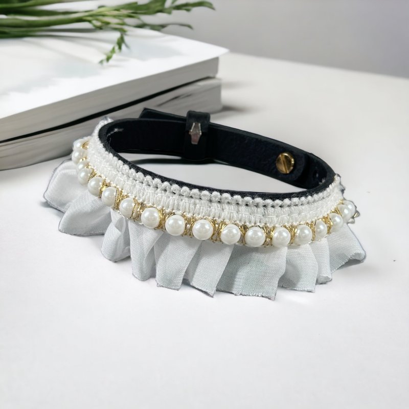 [Charity Cat Collar] Leather Lace Pearl Pet Scarf | Cat Scarf - ปลอกคอ - หนังแท้ สีเทา