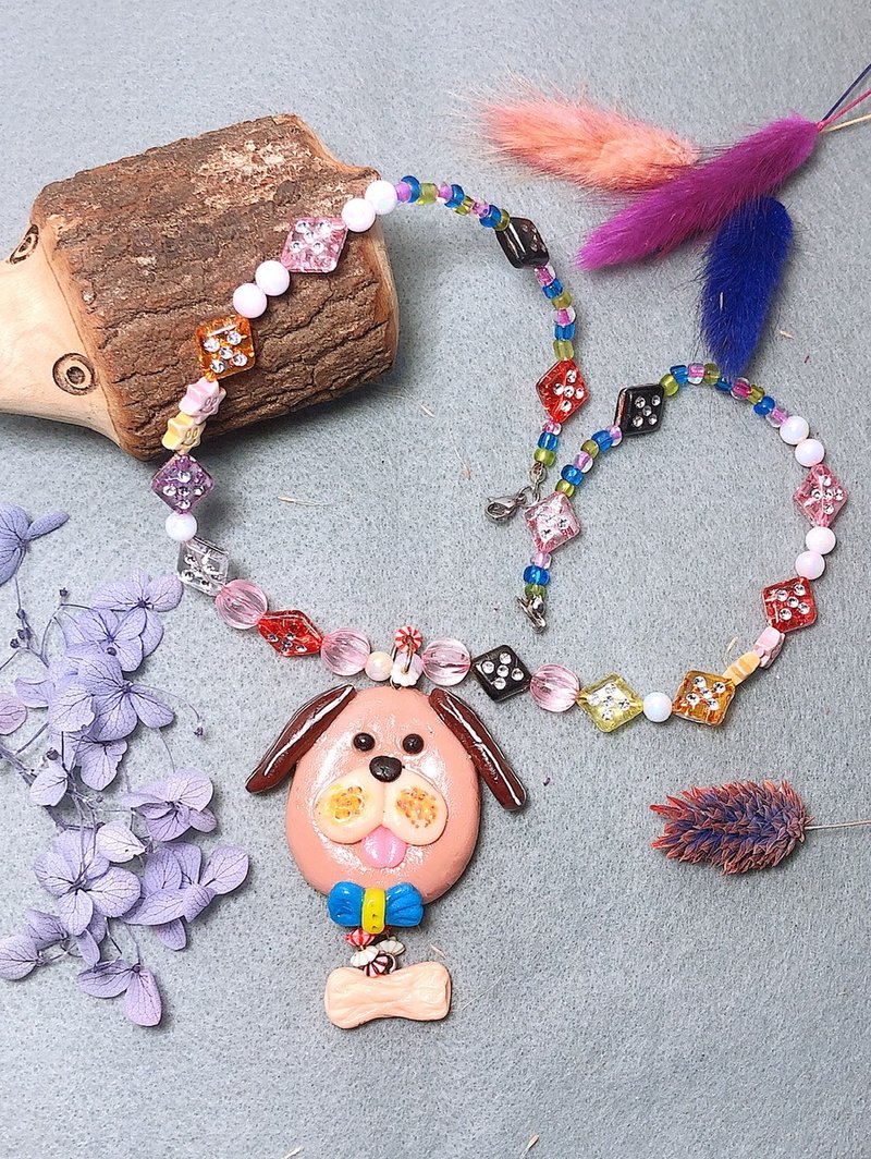 狗狗骨頭 手作黏土項鍊 陶土 手繪捏製 鋼絲線不銹鋼釦 串珠 - 項鍊 - 黏土 咖啡色