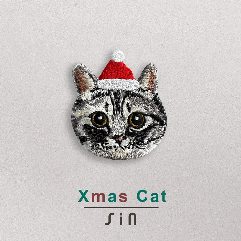 單卡聖誕小貓-刺繡貼紙-曼赤肯短腿貓(XHC0009) - 貼紙 - 繡線 紅色