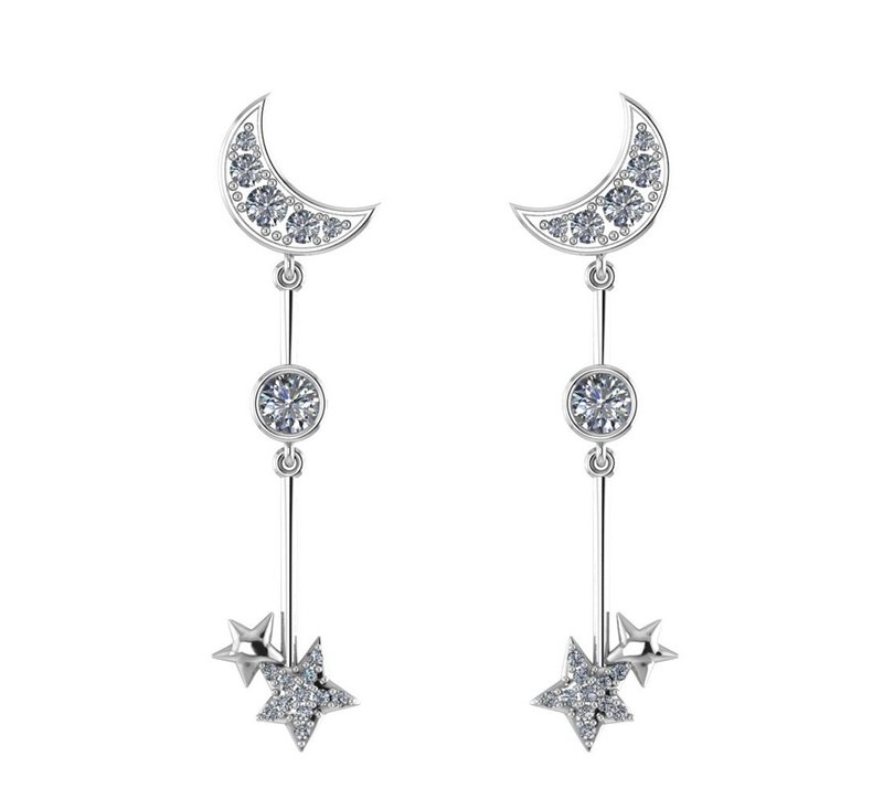 Fouetté x Le Petit Prince Moon Star Chandelier Earrings - ต่างหู - เงินแท้ สีเงิน