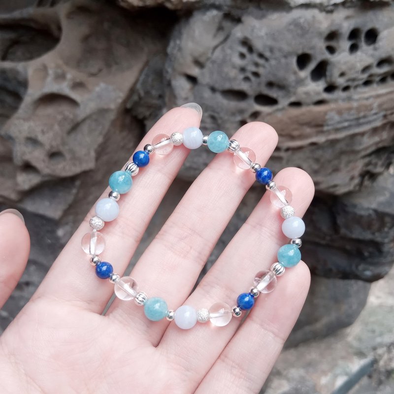 人魚之歌 // 藍紋瑪瑙 水晶海藍寶 青金石 白水晶 925純銀手鍊 - 手鍊/手環 - 寶石 藍色