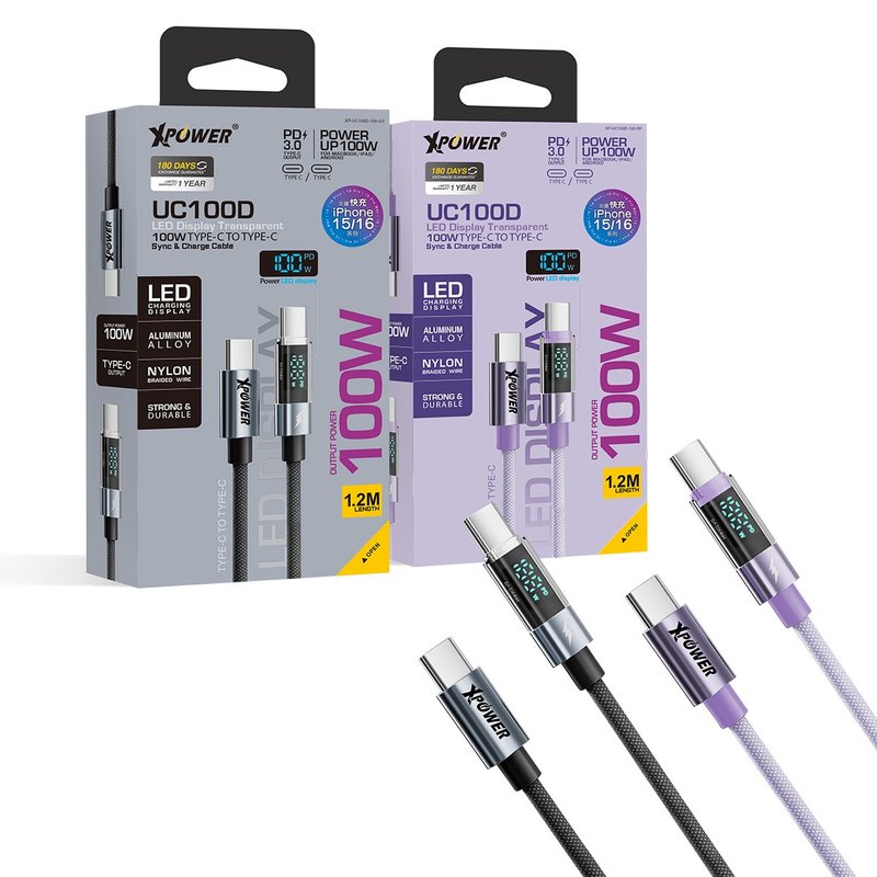 XPower UC100D 1.2M LEDディスプレイ 100W 高速伝送充電 C to C ケーブル - 充電器・USBコード - 金属 多色