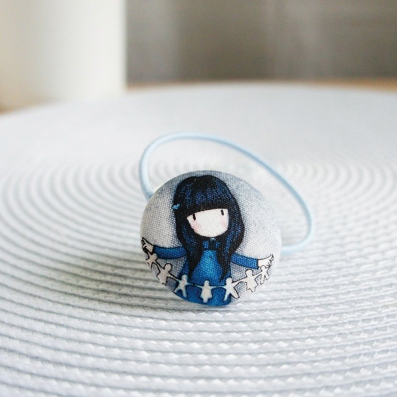 Lovely【日本布訂製】小姑娘包扣鬆緊髮束【藍衣服】 - 髮夾/髮飾 - 棉．麻 藍色