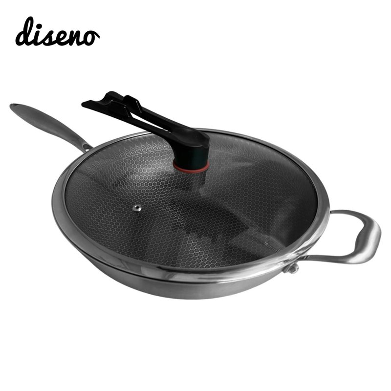 diseno - 32cm蜂窩紋懸浮不鏽鋼中式炒鍋連蓋 - 鍋子/烤盤 - 不鏽鋼 黑色