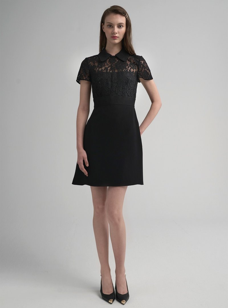 Hebe蕾絲花漾領片輕語小洋裝 - 洋裝/連身裙 - 其他人造纖維 黑色