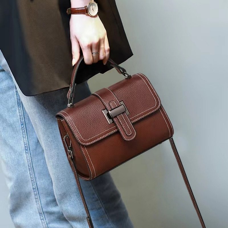 Genuine leather women's side bag crossbody bag handbag genuine leather light luxury high-end genuine leather bags - Handbags & Totes - Genuine Leather Brown
