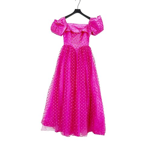 蘿綺莉蕾芭索 二手 桃紅色 緞面 網紗 拼接 珠飾 禮服 短袖 洋裝 PMF16