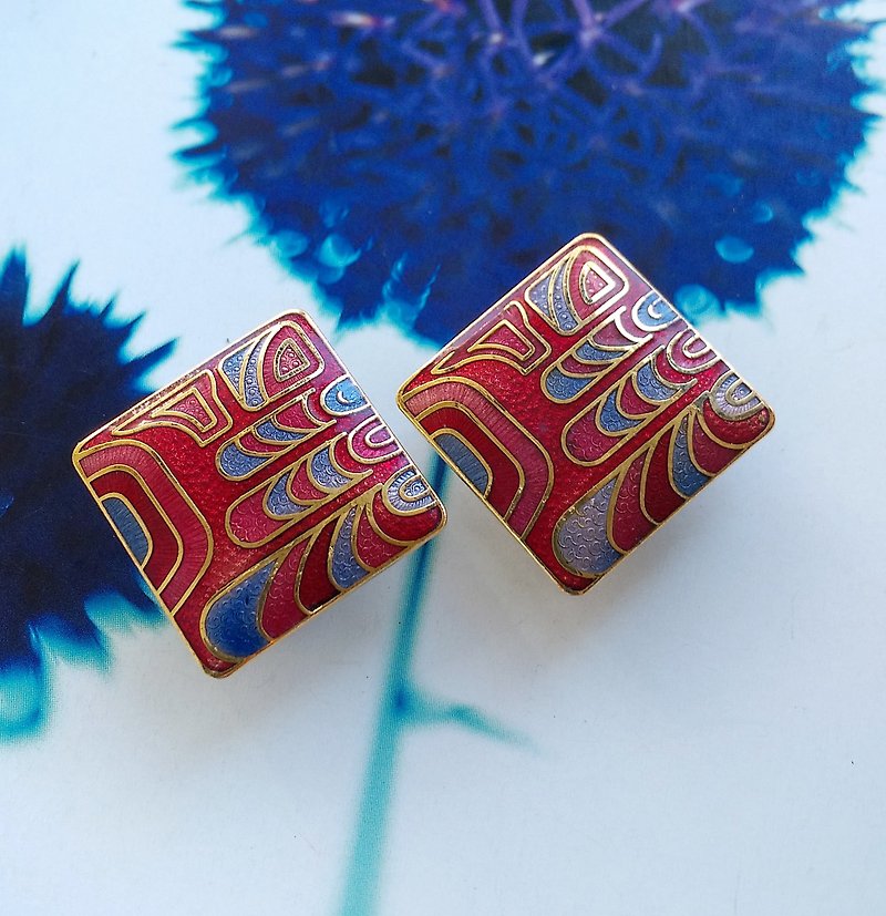 【西洋古董飾品 】景泰藍 紅色調 幾何普普藝術 夾式耳環 - ต่างหู - วัสดุอื่นๆ สีทอง