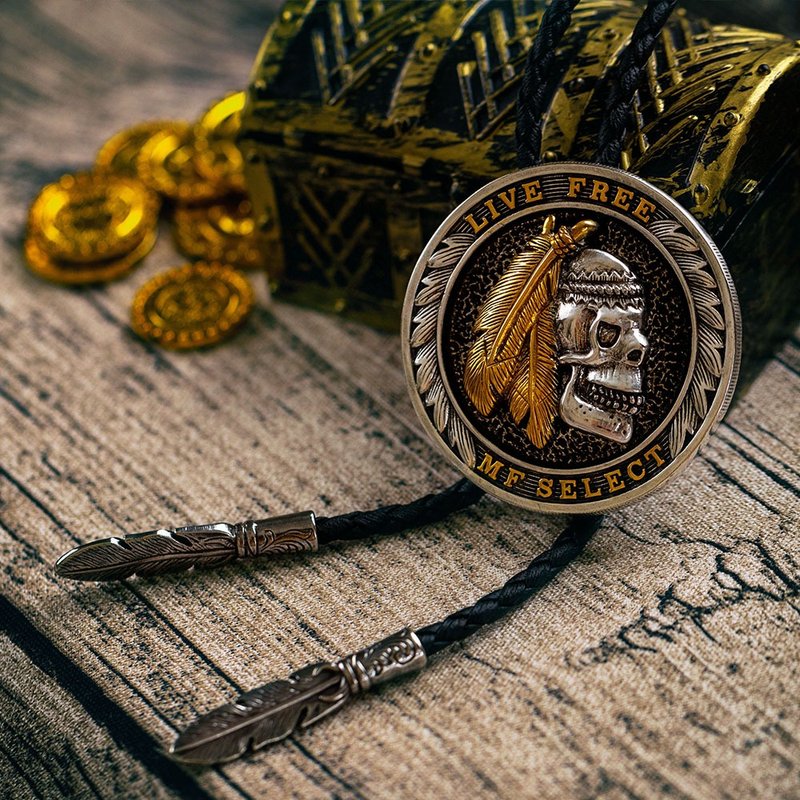骷髏硬幣 保羅領帶 Bolo Tie 皮革項鍊 皮繩領帶 領繩領帶 骷髏頭 - 領帶/領帶夾 - 人造皮革 銀色
