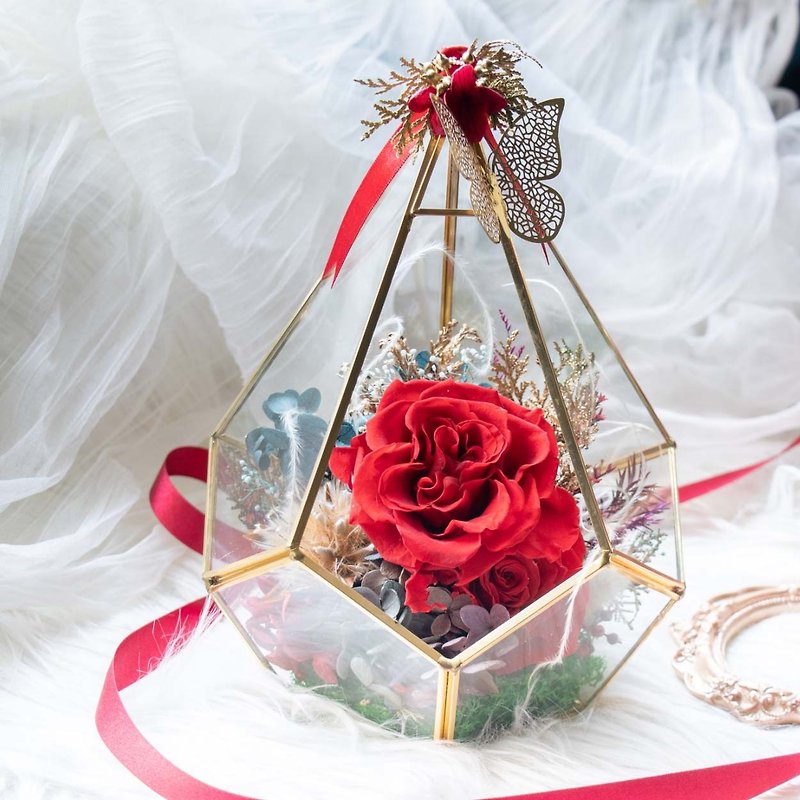 Floral DIY material package│Golden geometric glass bell jar│Dry flowers without withered flowers Graduate day gift - ช่อดอกไม้แห้ง - พืช/ดอกไม้ สีแดง