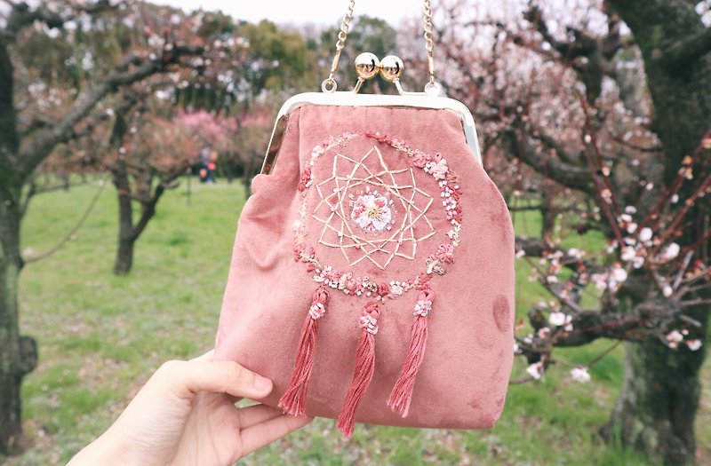 Handmade Embroidery Floral Dreamcatcher Bag (Velvet) | Mauve/ Pink - Messenger Bags & Sling Bags - Thread Pink