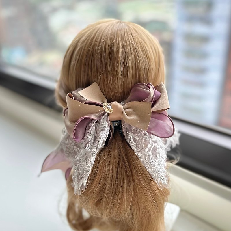 Exclusive lace bow intersecting clip banana clip fairy clip hair clip - purple gold - Hair Accessories - Other Materials Purple
