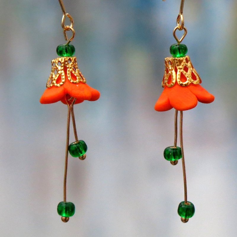Flower Dancing Series Earrings . Brass 14kgf . Orange . Gift for Her  - Earrings & Clip-ons - Other Metals Orange