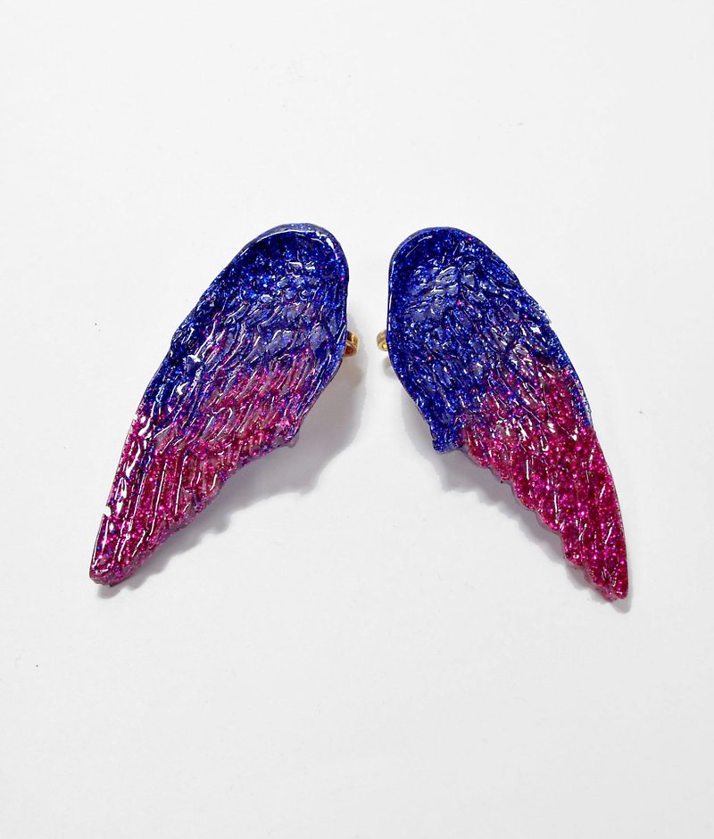 Wings, earrings, gradient, shiny angel wings, wings, ear clip - Earrings & Clip-ons - Plastic Blue