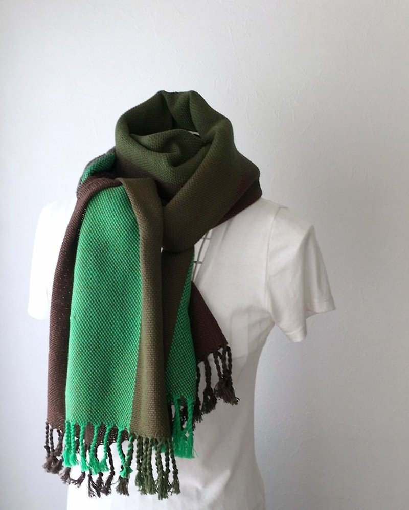 【綿：オールシーズン】手織りストール "Green Stripe" - 絲巾 - 棉．麻 綠色