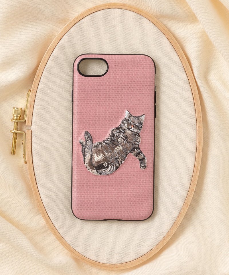 3D Embroidery Smartphone Case iPhone SE / 7/8 PBAT PU Leather Cat x Smoke Pink - เคส/ซองมือถือ - เส้นใยสังเคราะห์ หลากหลายสี