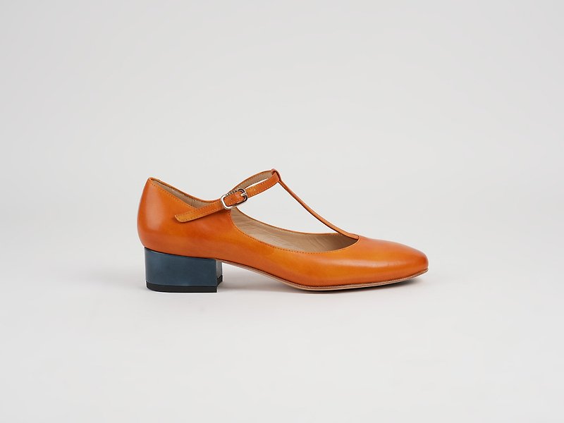 3.4 T-Bar Heels - Orange Brown - รองเท้าหนังผู้หญิง - หนังแท้ สีส้ม
