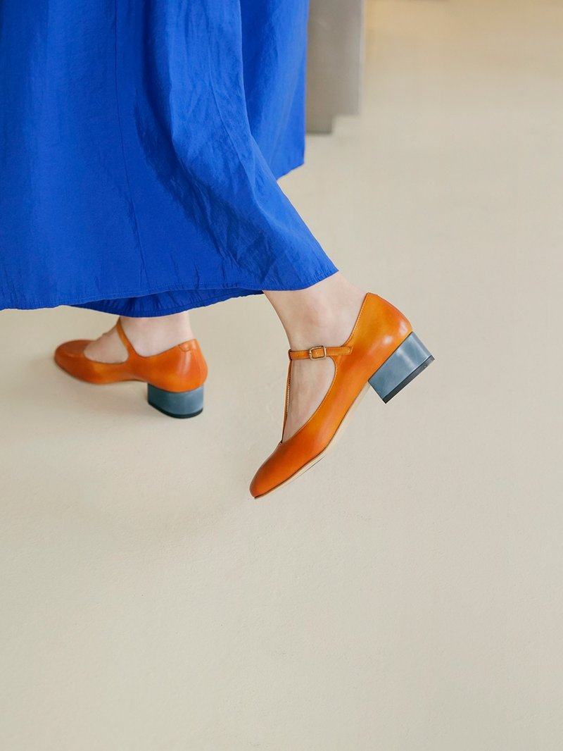 3.4 T-Bar Heels - Orange Brown - Women's Leather Shoes - Genuine Leather Orange