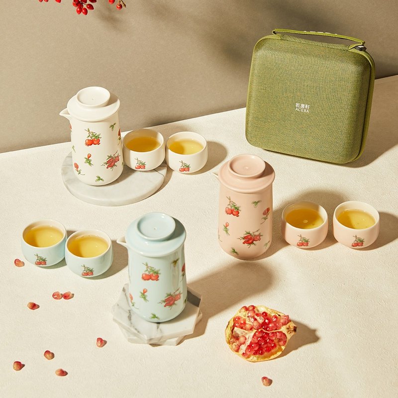 石榴花開泡茶器 / 一壺+二杯 / 3色 - 茶壺/茶杯/茶具 - 瓷 白色