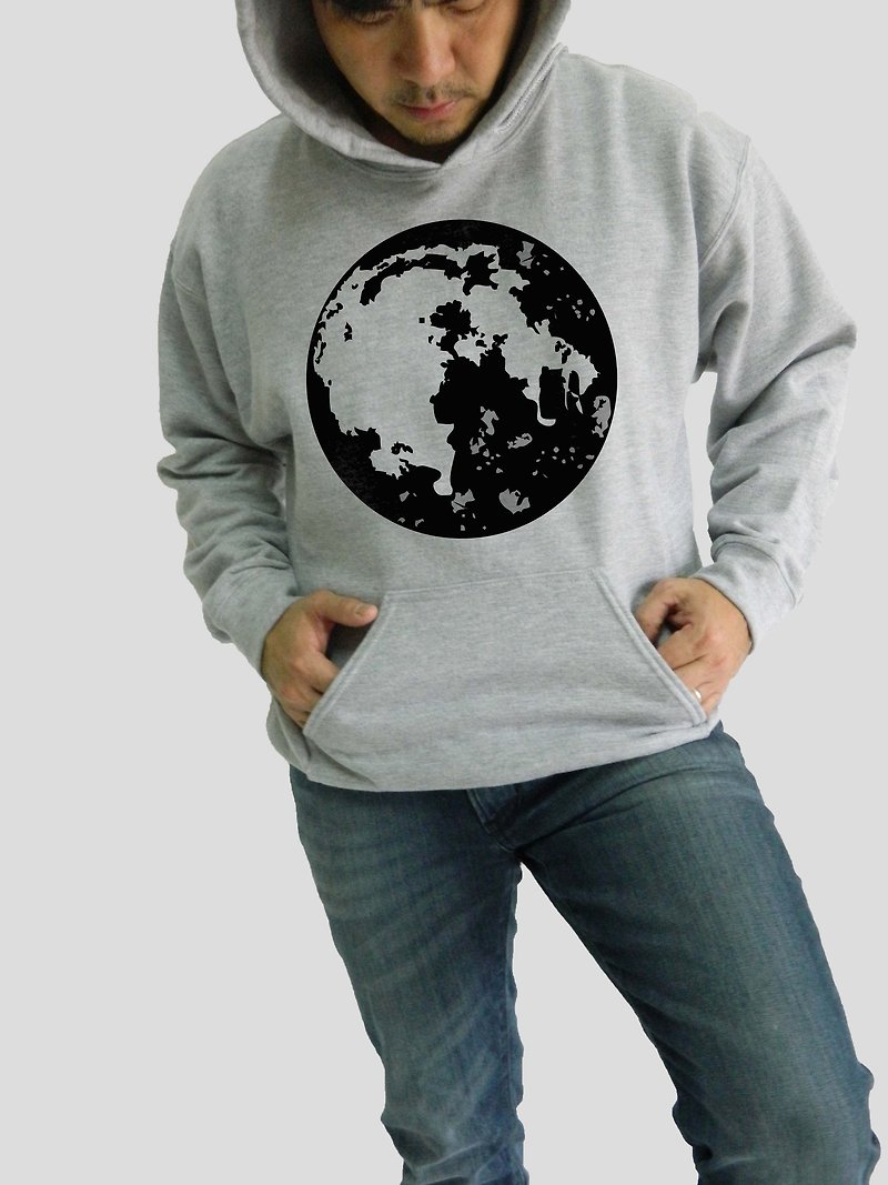 Full Moon Illustration Grey Hoodie,Moon Pattern,HandPrint Designer Logo Pullover - เสื้อฮู้ด - ผ้าฝ้าย/ผ้าลินิน สีเทา