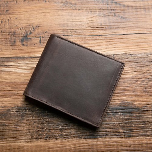 Leather Goods Shop Hallelujah 【客製刻字】短皮夾 雙折式 輕薄 鈔票分類 簡約風 咖啡色