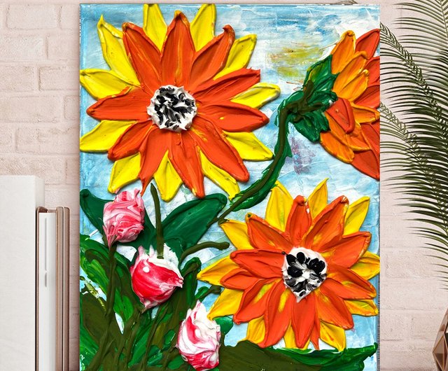 Sunflower painting canvas bouquet art impasto - Inspire Uplift