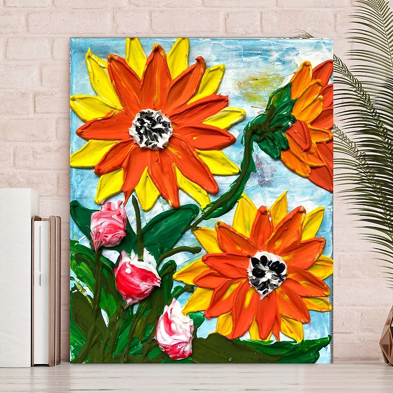Sunflower Painting Bouquet Flower Original Art Impasto Painting Bouquet Acrylic - Posters - Other Materials Yellow
