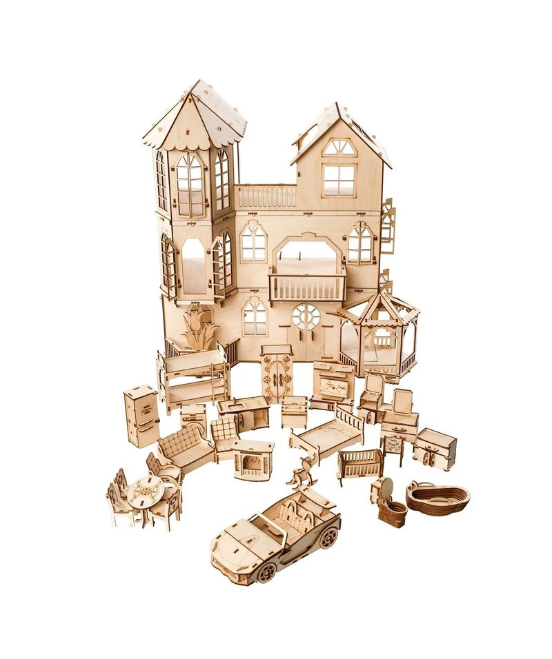 Dollhouse Mansion with car and furniture | Scale 1:12 Wooden Dollhouse - ของเล่นเด็ก - ไม้ 