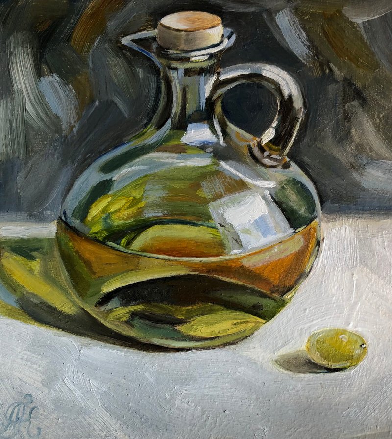 Olive oil still life kitchen painting wall art 6x6 inches Original oil painting - Wall Décor - Cotton & Hemp Orange