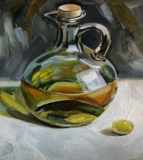 Alisa-Art Olive oil still life kitchen painting wall art 6x6 inches Original oil painting