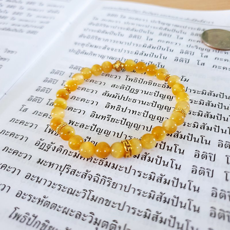 Golden Tiger  Eyes bracelet 6 mm decorated with auspicious charms - Bracelets - Stone 