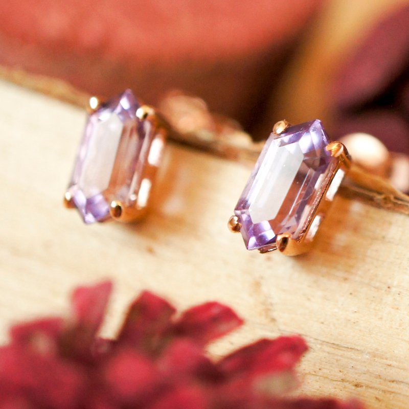 4x8mm Octangle Faceted Amethyst 18K Rose Gold Plated Silver Earring Stud - Earrings & Clip-ons - Gemstone Purple