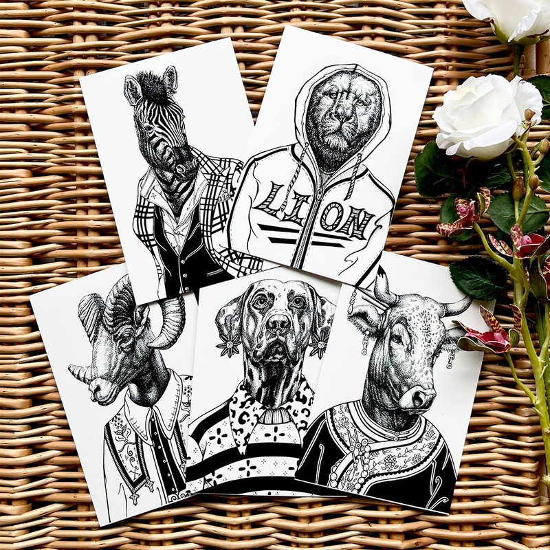 動物絵　ポストカード　ハガキ　mini painting　５枚セット　組み合わせ自由 - はがき・メッセージカード - 紙 ブラック